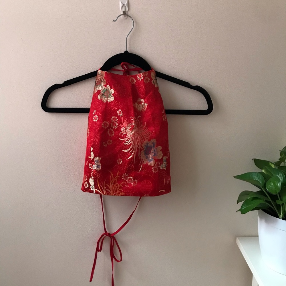Floral Satin Backless Halter Top